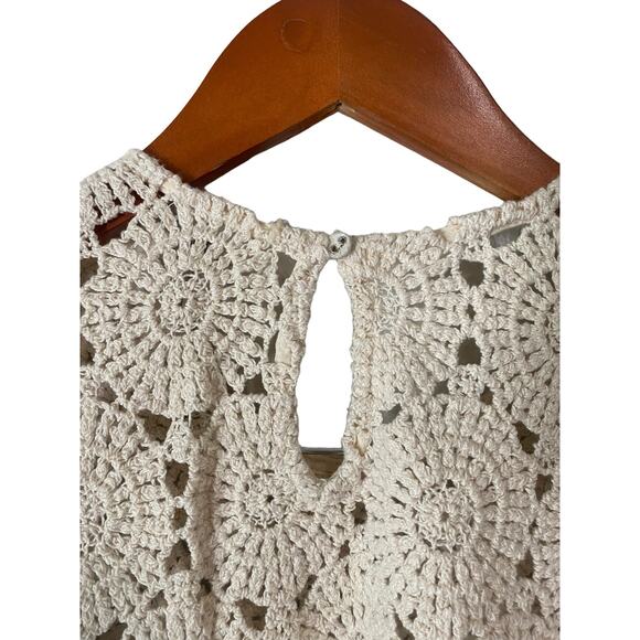 Amuse Society Cream Beige Crochet Knit Top Small Puff Sleeve Cotton Cottage Boho - Picture 4 of 9